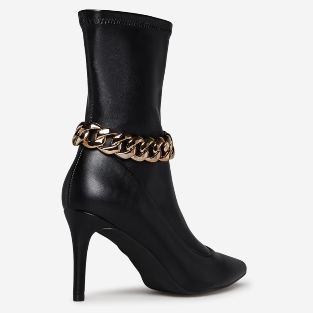 NIB Black Faux Leather Chain Link Pointed Toe Booties - Picture 4 of 4